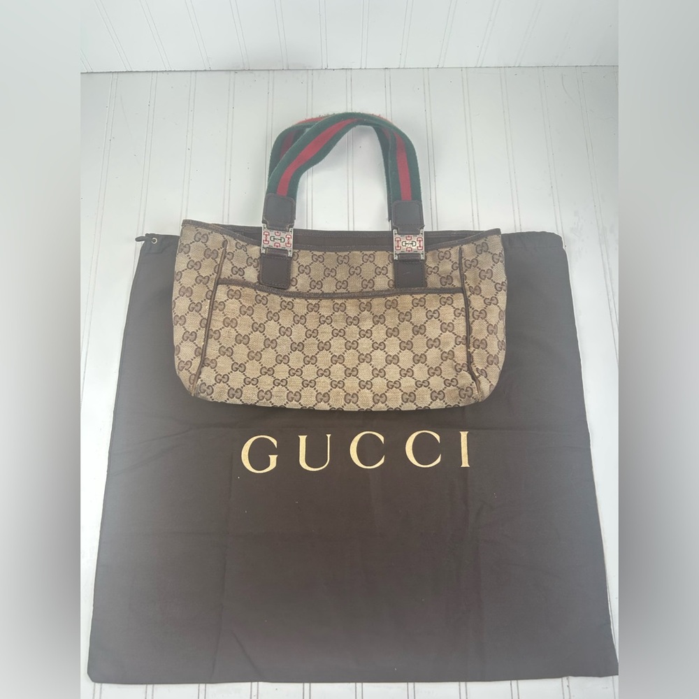 Gucci Vintage GG Supreme Monogram Tote Bag with Web Stripe Handles + Dust Bag - Picture 10 of 13